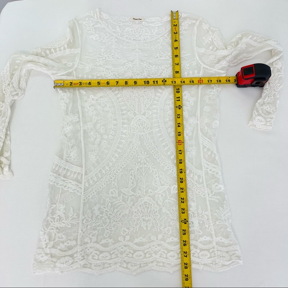 PHASE ONE white lace top sheer mesh see through top white long sleeves shirt S - Picture 7 of 10